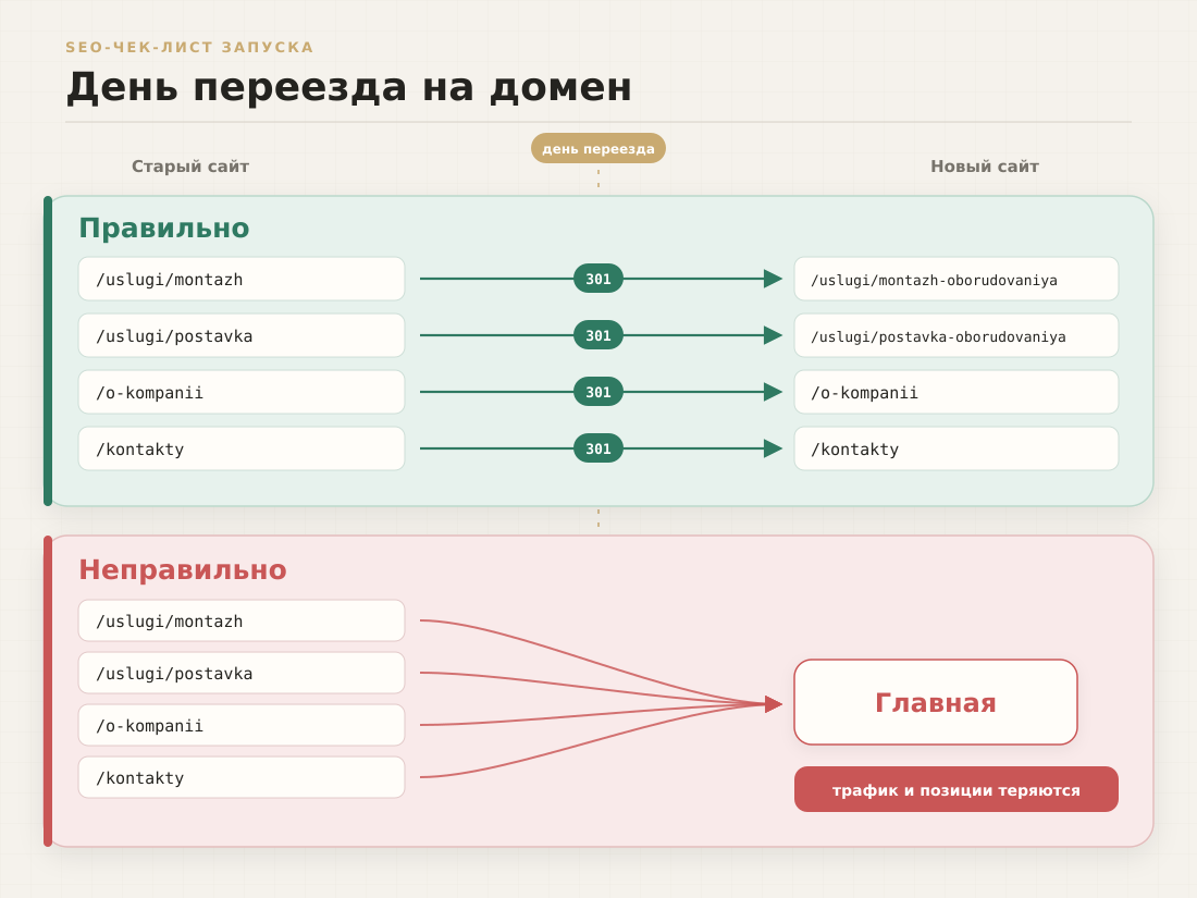 Правильная и неправильная схема редиректов при переезде сайта: постранично по смыслу или всё на главную