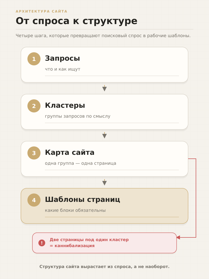 Путь от поисковых запросов через кластеры к карте сайта и требованиям к шаблонам страниц