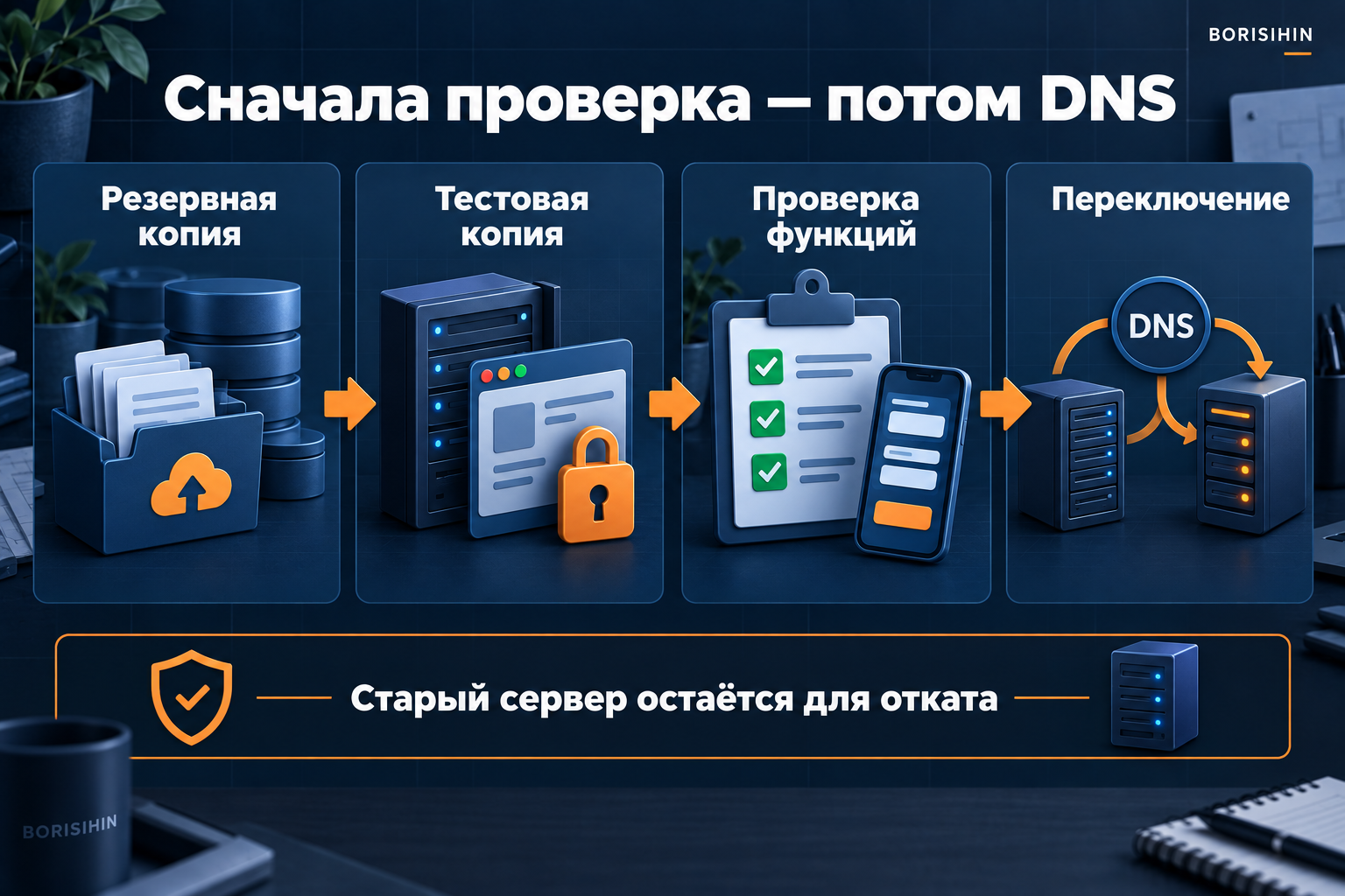 Порядок переноса: резервная копия, тестирование и переключение DNS