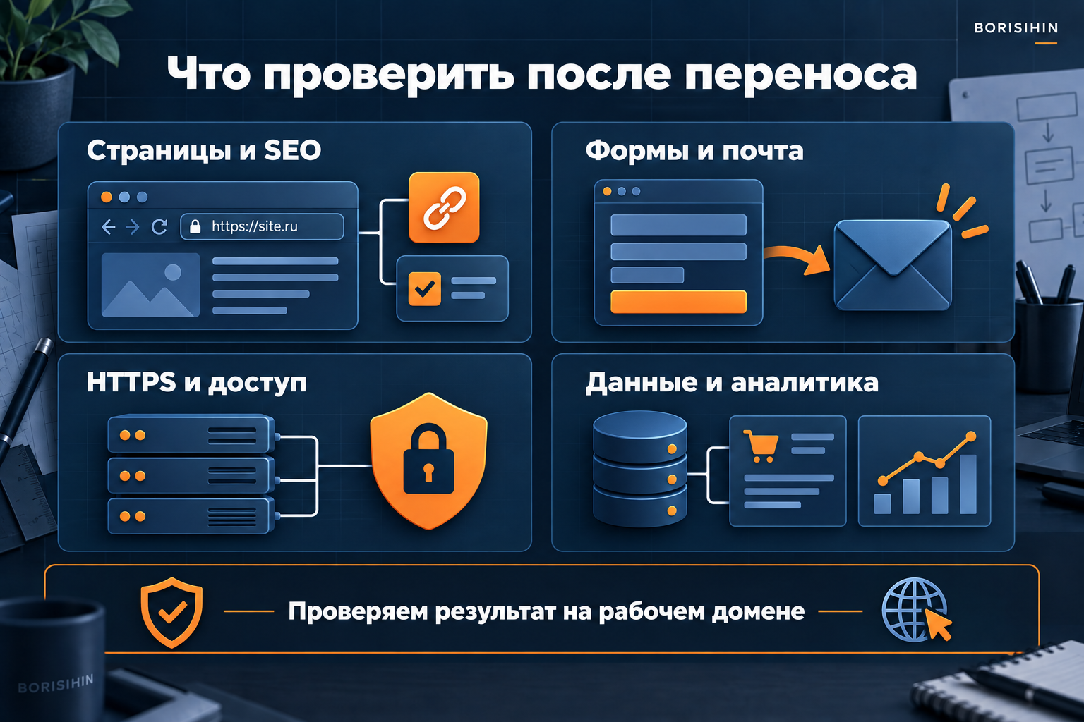 Проверки после переноса: SEO, формы, почта, HTTPS, данные и аналитика