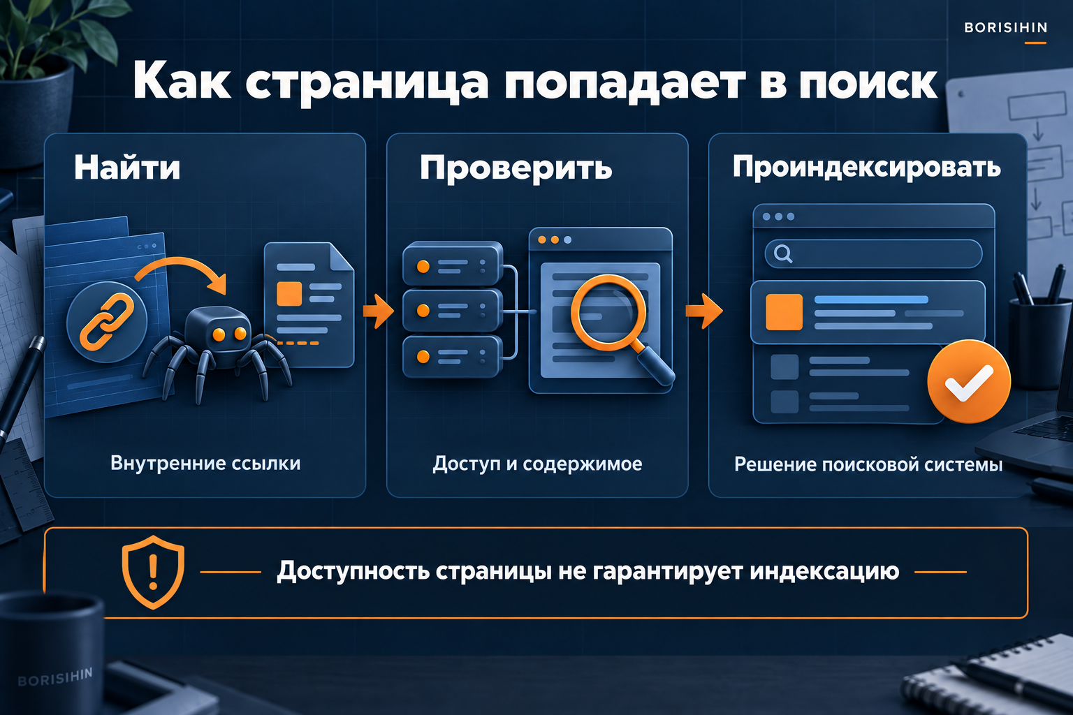 Этапы обработки страницы поисковой системой: обнаружение, проверка и решение об индексации